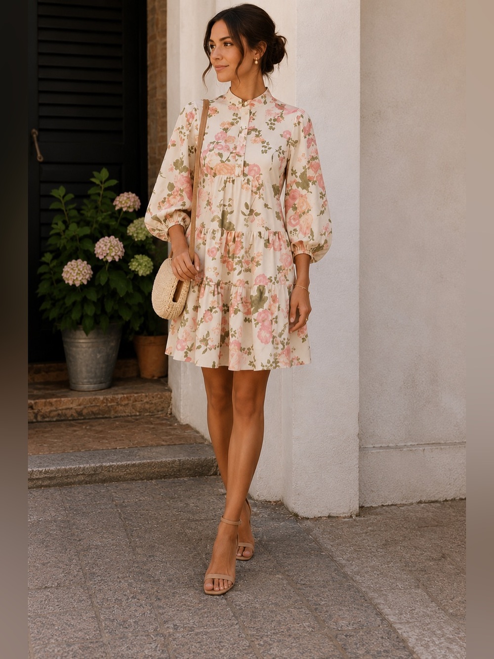 ERDEM Pink & Olive Floral Tiered Mini Dress